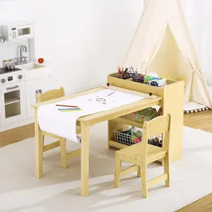 Kids Art Table and Chair Set, Toddler Craft Table and Chairs Set with 2 Chair, Kids Activity Desk with Storage Shelves, Wooden Drawing Desk for Playrooms & Classroom, White