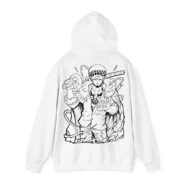 Trafalgar Law White Hoodie – Anime Pullover with Front ROOM Attack Print & Back Samurai Artwork – Streetwear for Otaku Fans Design Graphic T-Shirt, Hoodie & Sweater