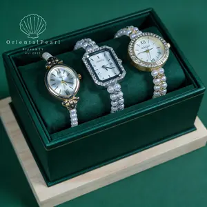 OP-Pearl Watch Women's Natural Pearl Watch with Freshwater Pearls Silver or Gold Color Rhinestone Luxury Fashion Elegant Wrist Band Jewelry Gifts Lady