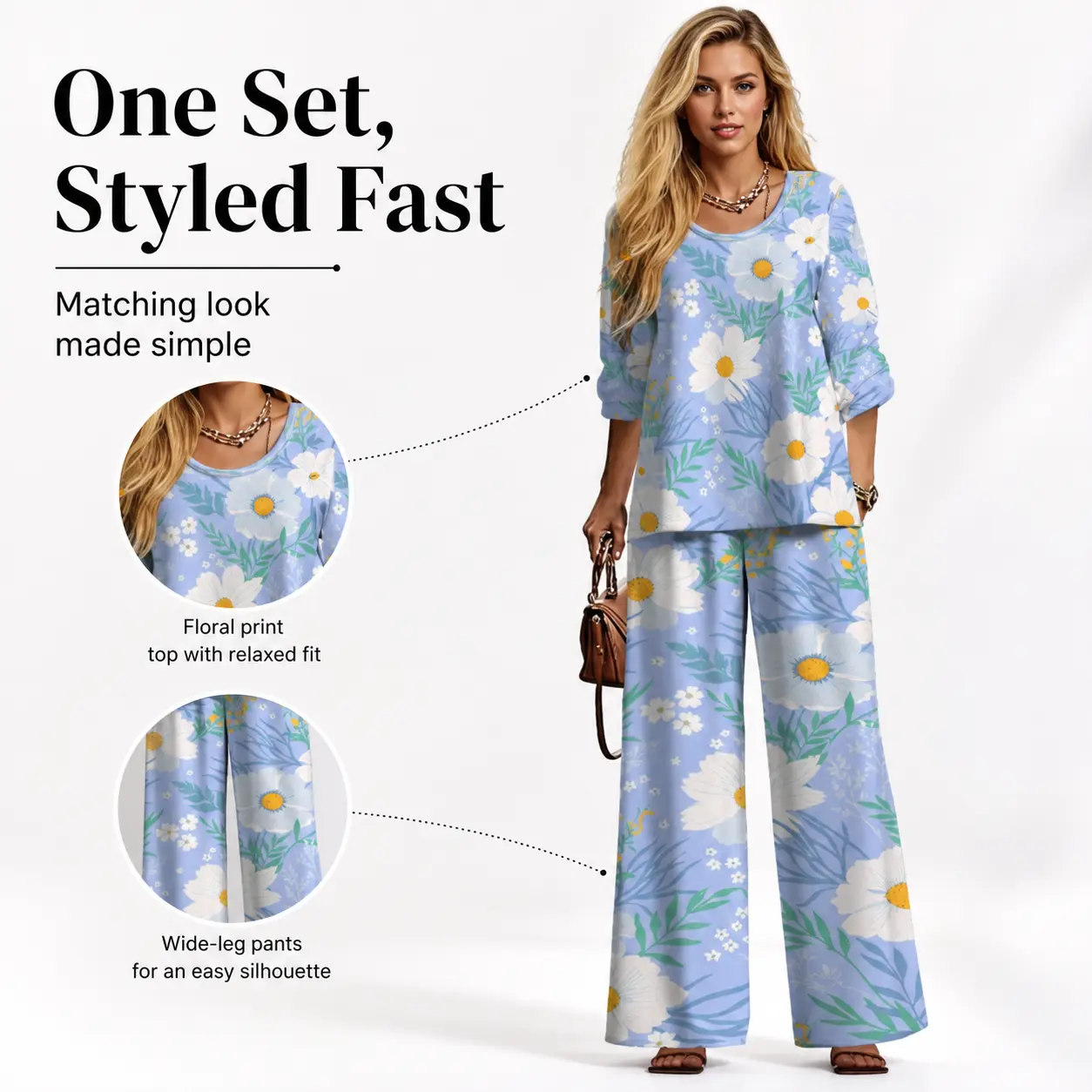 Plus Size 2 Piece Outfit Set, Casual Sweet Daisy Floral Print Loose-fit Cotton Blend Top with 3/4 Sleeves & Wide Leg Pants, Top & Pants