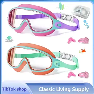 2 Pack Anti-Fog Kids Swim Goggles for 3-15, UV Protection Waterproof Swimming Glasses, Comfortable Silicone Wide Vision with Earplugs Nose Clip for Boys Girls Youth