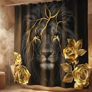 72x72 shower curtain, Shower curtain sets, bathroom floor mat, toilet seat cover, U-shaped floor mat, black lion pattern, waterproof fabric, comes with 12 plastic hooks, no drilling required, easy to install, perfect home decor item, suitable for bath
