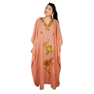 Womens Embroidered Kashmiri Kaftan Peach Floral Caftan  L-XL
