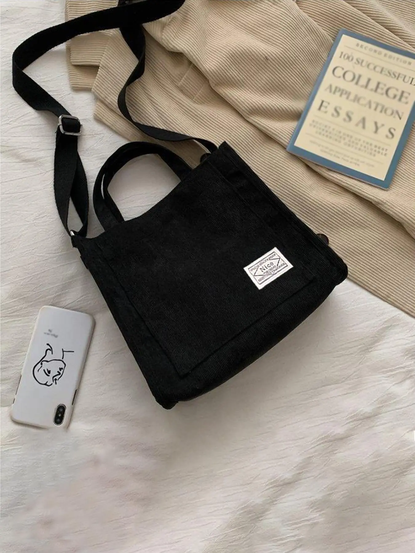 Summer Solid Color New Trendy Top Bag, Letter Patchwork Decor Corduroy Luxury Designer Handbags, Casual Summer Tote Bag, Women's Bags for Back To Scho