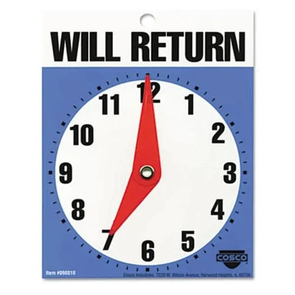 Cosco 098010 Plastic "Will Return Later" Remind Decor Plaque Sign, 5 in. x 6 in., Blue, Tear-Resistant Home Decor Accessory