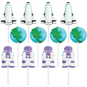 Outer Space Themed Lollipops, (12) Individually Wrapped Candy Suckers - Space Theme Birthday Party Favors for Kids, Goodie Bags, Edible Cake and Cupcake Topper - Candy Buffet and Party Decor, Astronaut, Space Shuttle, Earth - Hand Decorated Pops