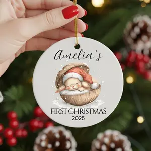 Baby's First Christmas Ornament - Personalized Ceramic Keepsake with a Cute Sleeping Bunny in a Walnut Shell, "Amelia's First Christmas 2025" Text. Gift Glossy Print Round Decoration 1 Side