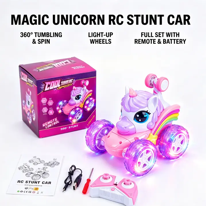 4WD All-Terrain Remote Control Unicorn Car for 3-9 Years Toddlers Girls, 360° Rotating Pink Stunt RC Car with LED Lights, Auto Demo Mode, 500mAh Rechargeable Battery, Double-Sided Upright Driving, Christmas Birthday Gift