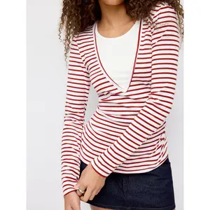 Cider Round Neckline Striped Ruched Two Tone Tee Dealsforyou