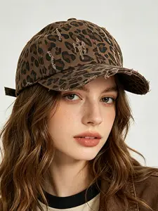 Vintage Leopard Print Baseball Hat for Women, Washed Cotton Adjustable Sunshade Cap, American Style Bent Brim Hat, Casual Outdoor Hat