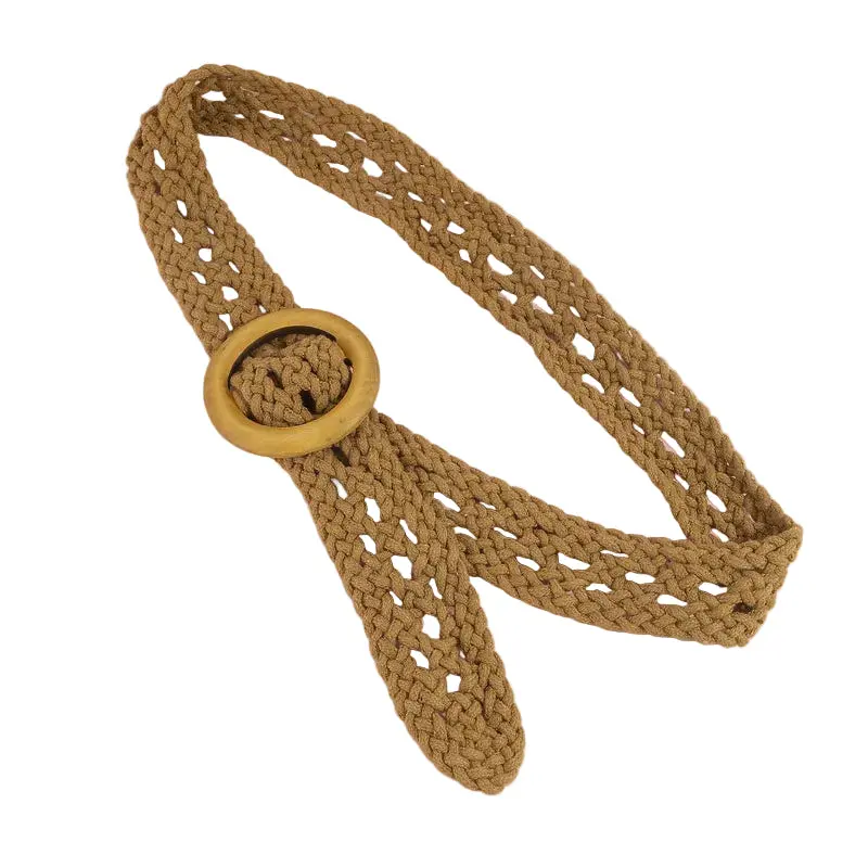 Crochet Weave Belt with Wooden Ring Buckle, Handcrafted Look, Lattice Holes, Lightweight Fashion Clothes Accessory