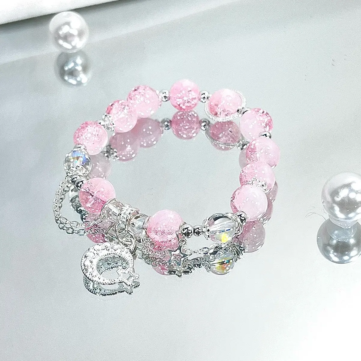 【Peach Blossom】– Glazed Glass Ice Crackle Design Bracelet, Symbolizing Wealth & Good Fortune Handmade Friendship and Birthday Gift bracelet making Cute Teen women