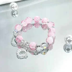 【Peach Blossom】– Glazed Glass Ice Crackle Design Bracelet, Symbolizing Wealth & Good Fortune Handmade Friendship and Birthday Gift bracelet making Cute Teen women