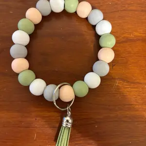 Olive Green Keychain Wristlet with Beads and Tassel