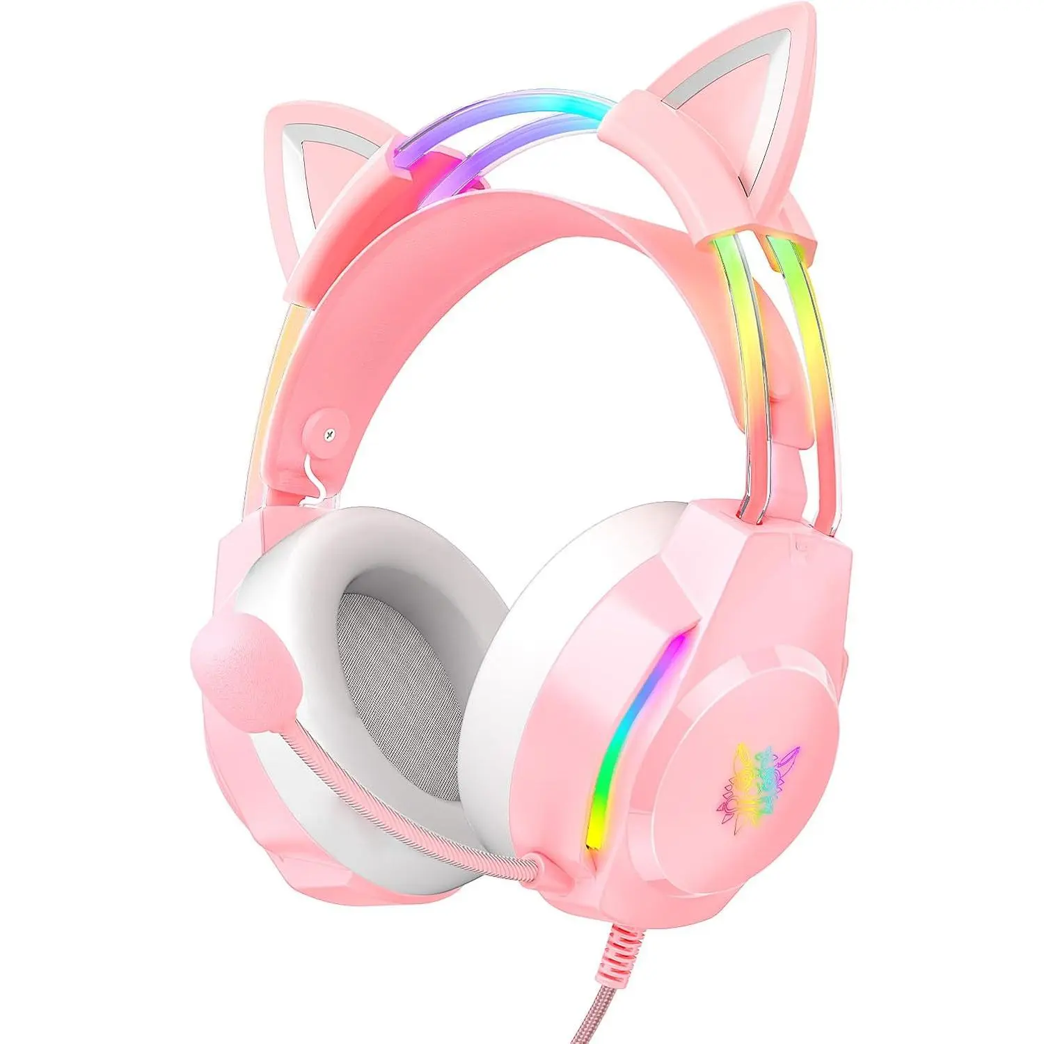 with Microphone, Cat Ear Headphones for PC Laptop PS4 PS5  , Rainbow RGB Lighting &  Surround Sound, 3.5mm Wired Over Ear Headphones,
