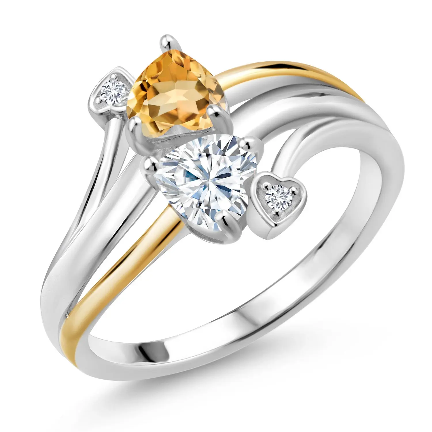 925 Sterling Silver and 10K Yellow Gold Citrine Moissanite and Lab Grown Diamond 2 Heart Promise Engagement Mother Ring (0.90 Cttw, Birthstone)