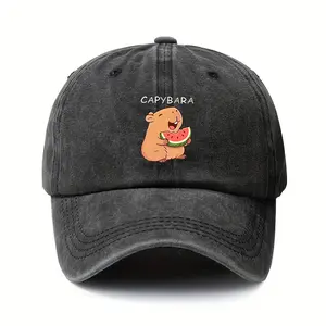 Viral Cute Capybara Eating Watermelon Washed Vintage Dad Hat - Adjustable Unisex Baseball Cap
