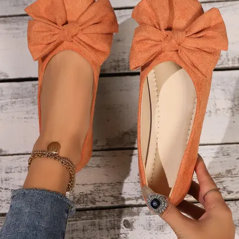 Women's Solid-Color Bow-Detail Ballet Flats with Soft Sole, Lightweight Casual Shoes for Daily Wear, Comfortable Footwear for Girls