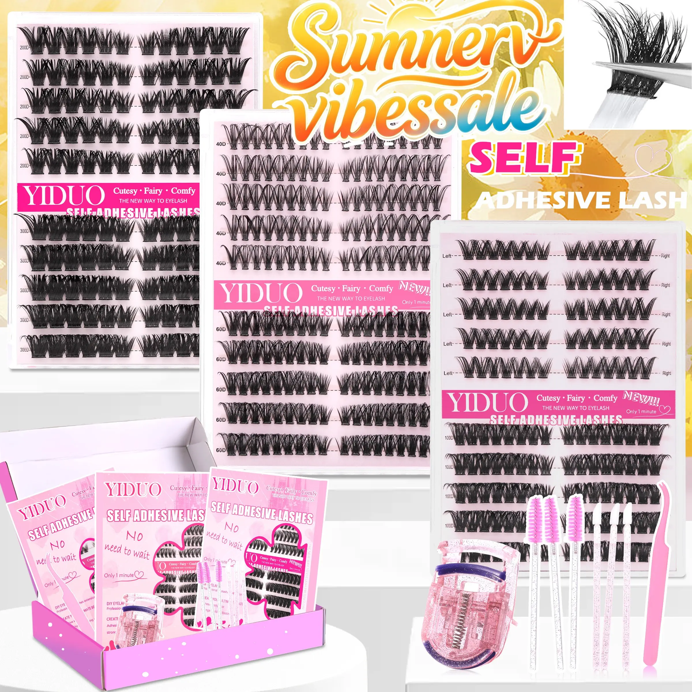 YIDUO 6 Styles Cat Eye Self-Adhesive Lash Clusters Kit, Volume Cluster Lashes, Pre-Separated Left & Right Individual Lashes, 40D 60D Natural Wispy & 100D Super Voluminous Press On Eyelashes, C/D Curl Pre-Glued, 1 Minute Easy DIY Lash Extension Gift Se