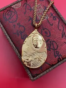 Brass Plated 24k Buddha Guardian Pendant Necklace, Dragon Bone Chain Gift for Boyfriend Dad Birthday, Trendy Jewelry