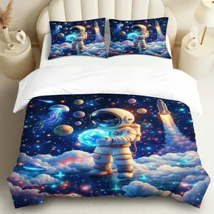 3PCS Duvet Cover Set, 1 Duvet+2 Pillowcases(Without filler), Astronaut Space Galaxy Stars Planets Rocket theme, Christmas bedding set, Cosmic Adventure Suitable for decoration Bedroom Living Room Dorm Hotel.