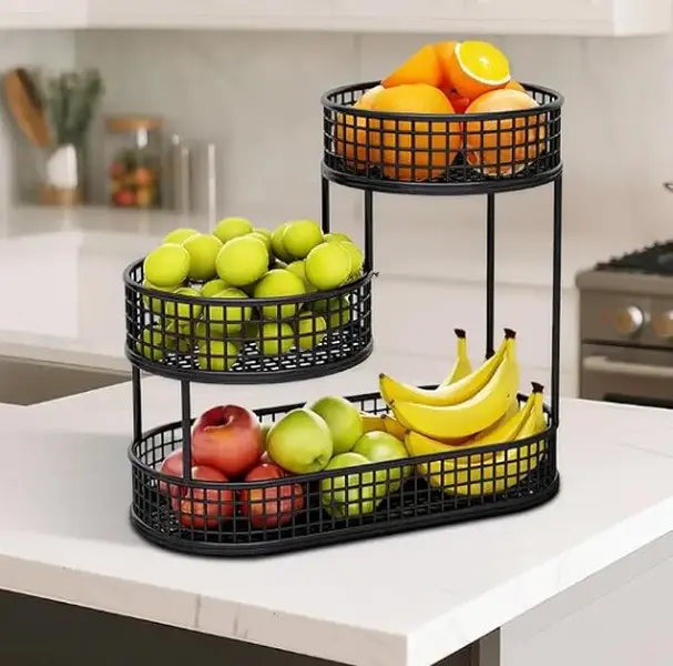 Black Metal 3-Tier Fruit Vegetable Organiser, Kitchen Countertop Stackable Storage Rack for Bread, Onions, Potatoes with Decoration Function