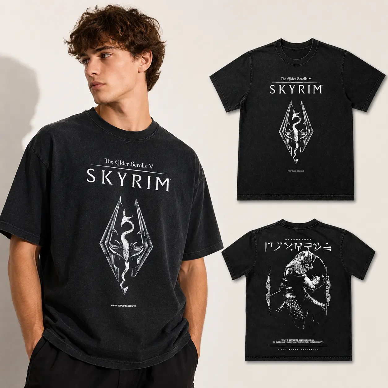 Neko Gear The Elder Scrolls V Skyrim Dragonborn Menswear Vintage Washed Oversized Double-Sided Graphic T-Shirt for Casual Streetwear