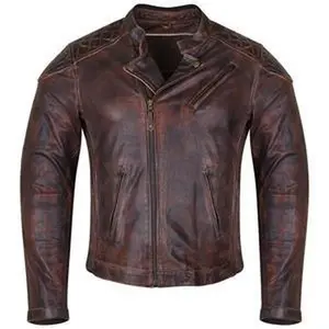 Mens Vintage Brown Premium Cowhide Diamond Quilted Shoulder Leather Biker Motorcycle Riding Jacket