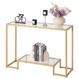 summervibes 2-Tier Tempered Glass Console Table, Modern Rectangle Sofa Side Table with Iron Legs, Golden Desk with Anti-Tip Device for Living Room, Hallway, Two-Tier