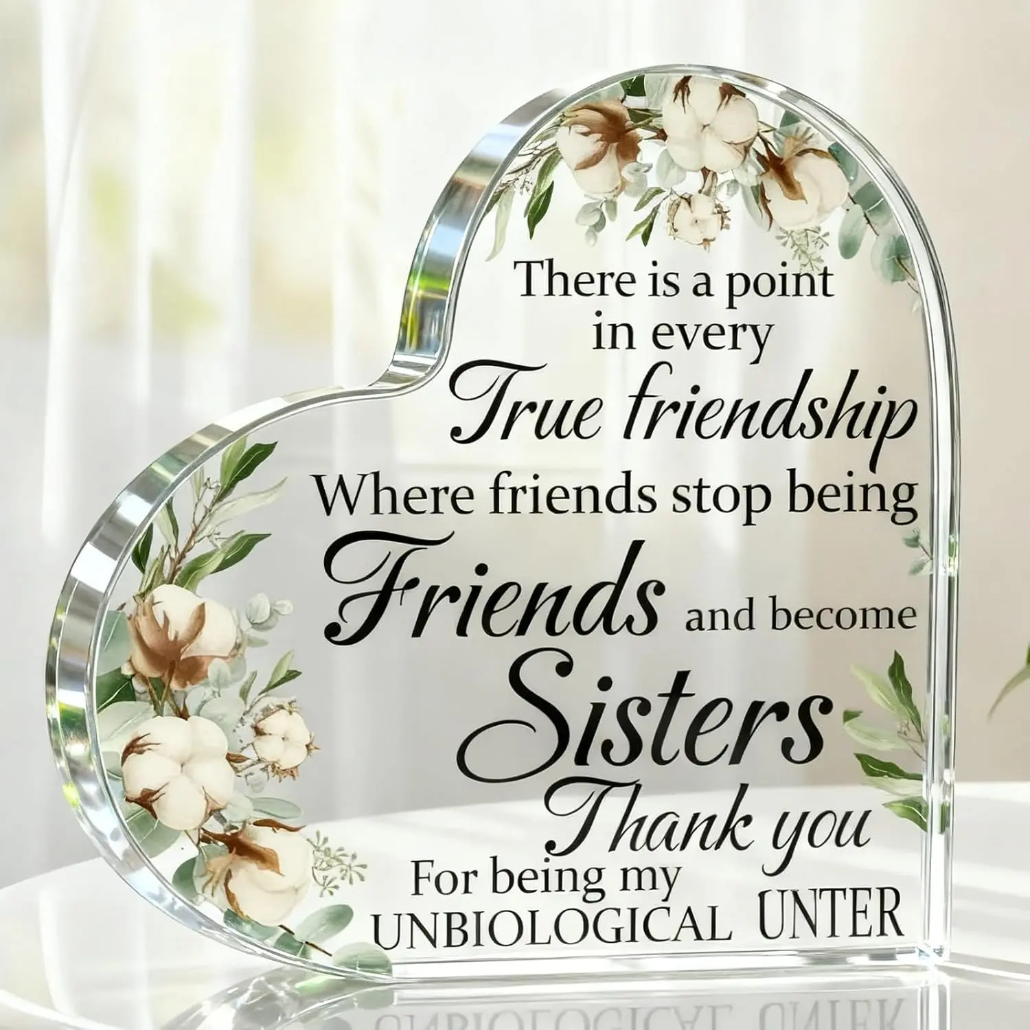 Heart Shape Acrylic Sign with Cotton and Eucalyptus, Unbiological Sister Friendship Decor Plaque, Tabletop Ornament, Best Friend Gift for Birthday Thanksgiving Christmas