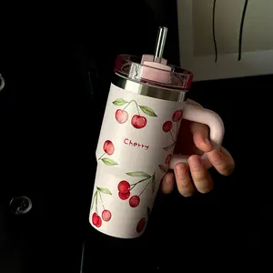 Cherry Pattern Vacuum Flask, 1 Count Large Capacity Water Bottle with Handle, Stainless Steel Insulated Cup for Travel, School, Office, Outdoor, Gym, Drinkware, Insulated Mug, Travel Tumbler
