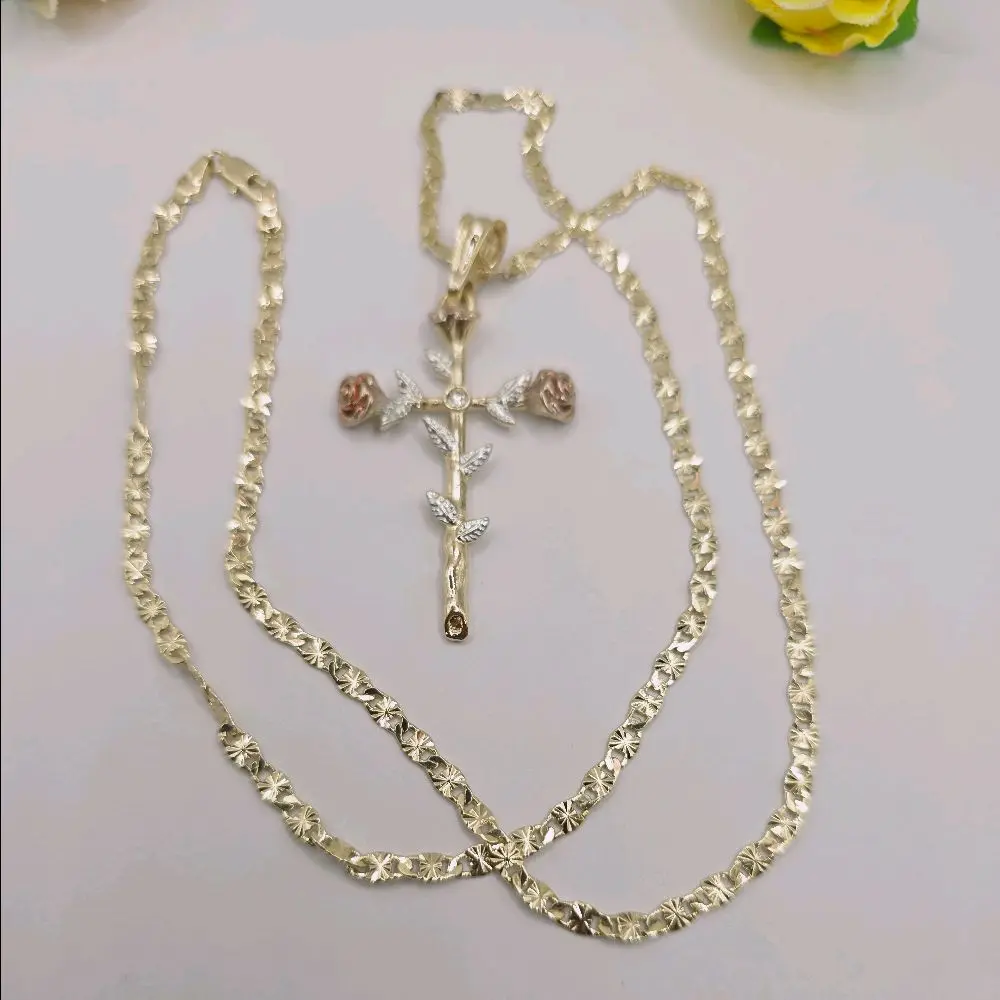 Cross with Pink Rose's Fashion Style Necklace Gold-Plated 24-Inches Regular Design Jewelry Accessory