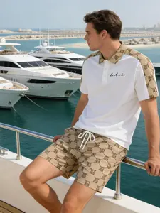 Men's Summer Patchwork Floral Polo Shirt and Shorts Set, Lightweight Luxury Casual Two-Piece, Daily Commute Wear