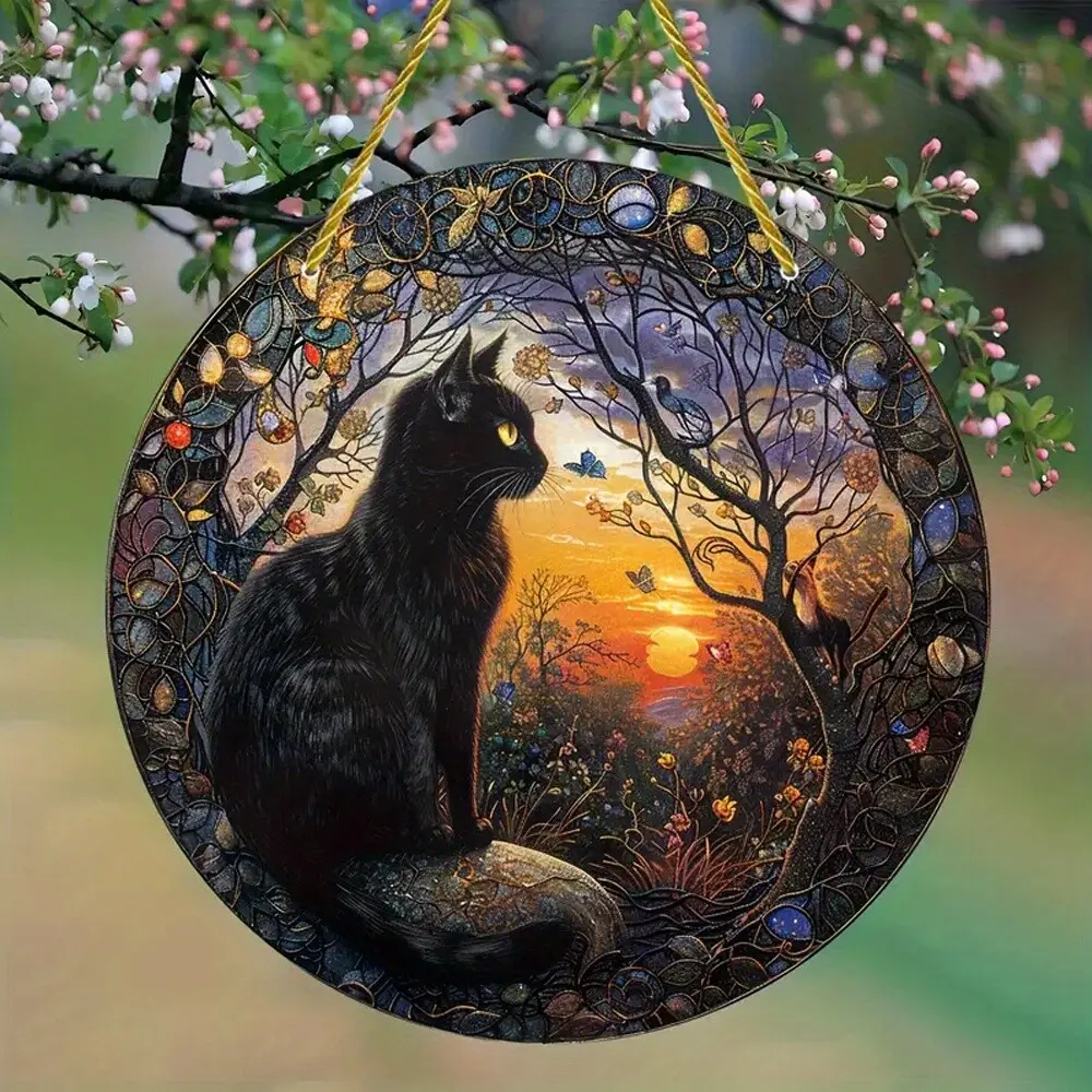 Black Cat Sunset Scene Round Acrylic Ornament, Hanging Window Decor, Sun Absorber, Halloween Festive Home Indoor Decoration, Acrylic Ornaments, Window Hang, Decorative