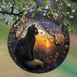 A Black Cat At Sunset Round Acrylic Window Sun Absorber Decoration For Halloween