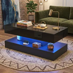 39.4"/47.2" Modern High Glossy Lift Top Coffee Table with LED Light and Charging Station, Hidden Compartment Storage Center Table, Functional Living Room Accent Furniture