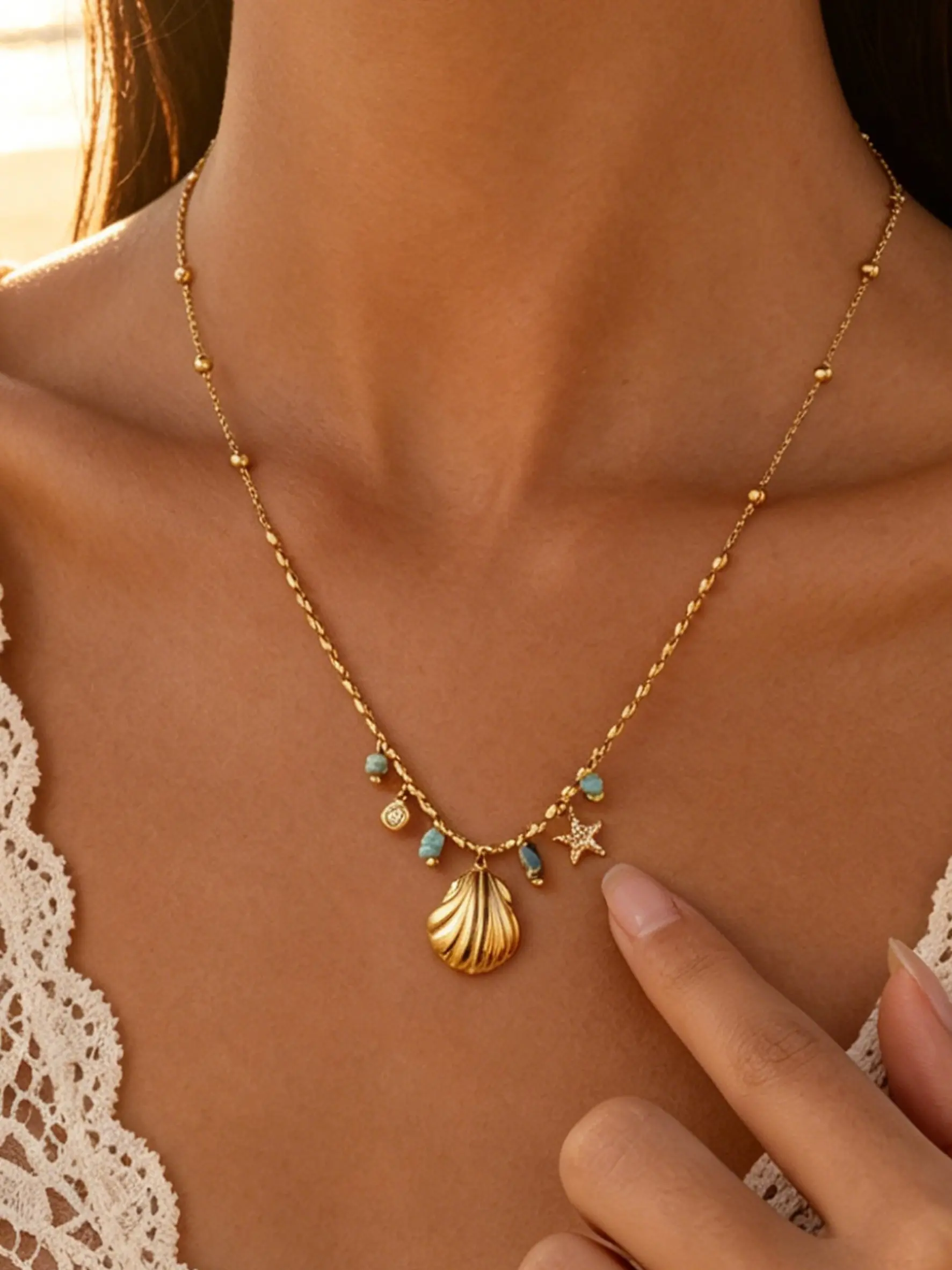 Shell Star Turquoise Beaded Necklace, Gold/silver Color Summer Beach Themed Pendant Chain, Pendant Design, Bohemian Vacation Jewelry, Trendy Accessory