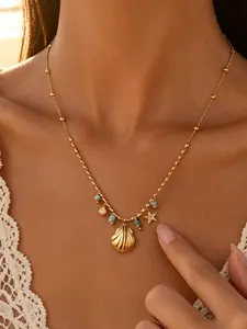 Shell Star Turquoise Beaded Necklace, Gold/silver Color Summer Beach Pendant Chain, Bohemian Vacation Jewelry, Trendy Accessory