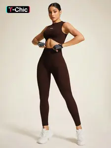 Two-piece Women's Letter Pattern Crop Tank Top & High Waist Leggings Set, Casual Comfy Breathable Seamless Skinny Sportswear for Yoga Gym Workout Running, Ladies Sportswear for All Seasons