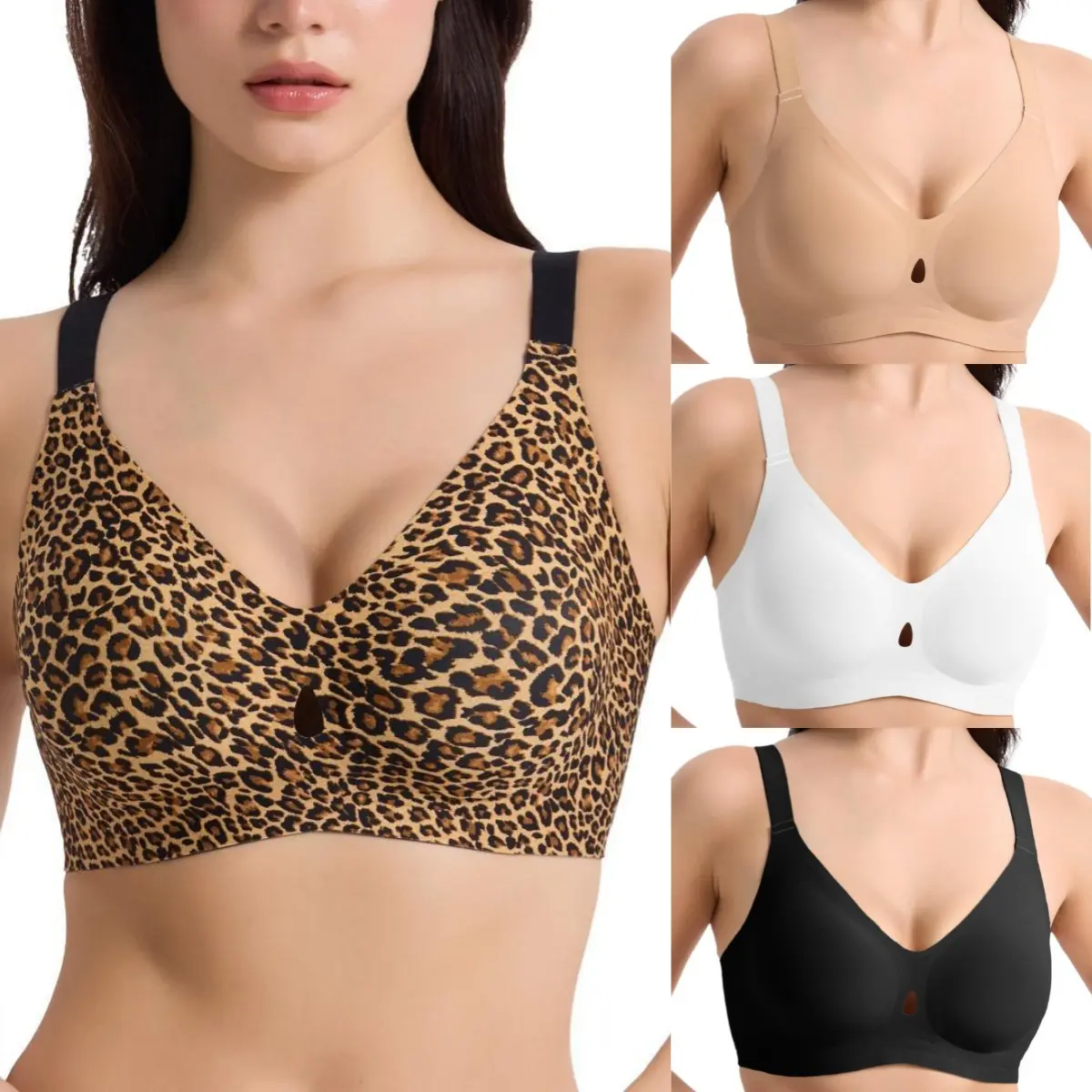 Mobeso women's leopard print wirefree jelly bra,seamless sports bra,seamless deep V-neck bra, soft,comfortable,stylish,lightweight,lifts and shapes,adjustable shoulder straps,push-up bra wireless,breathable and invisible bra,everyday T-shirts.