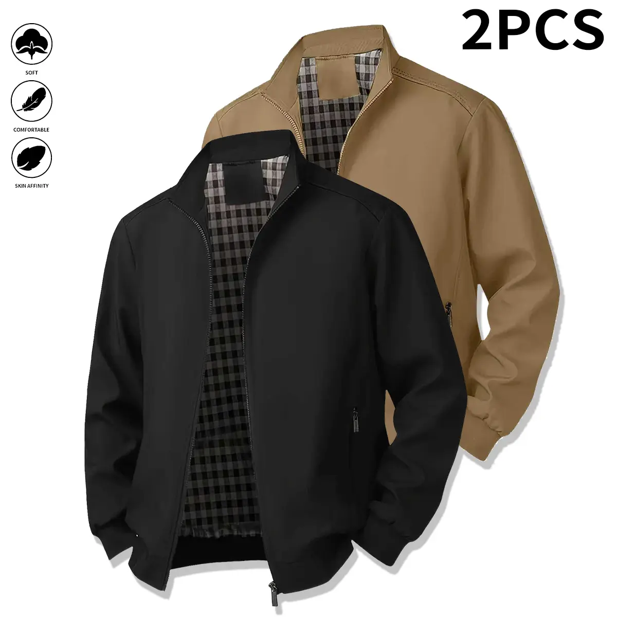Men's Plain Casual Comfy Jacket 2-Pack - Spring/Fall Menswear Tops Coats, Zip-Up Stand Collar, Long Sleeve, Pocketed, Athletic Look, Polyester Lining
