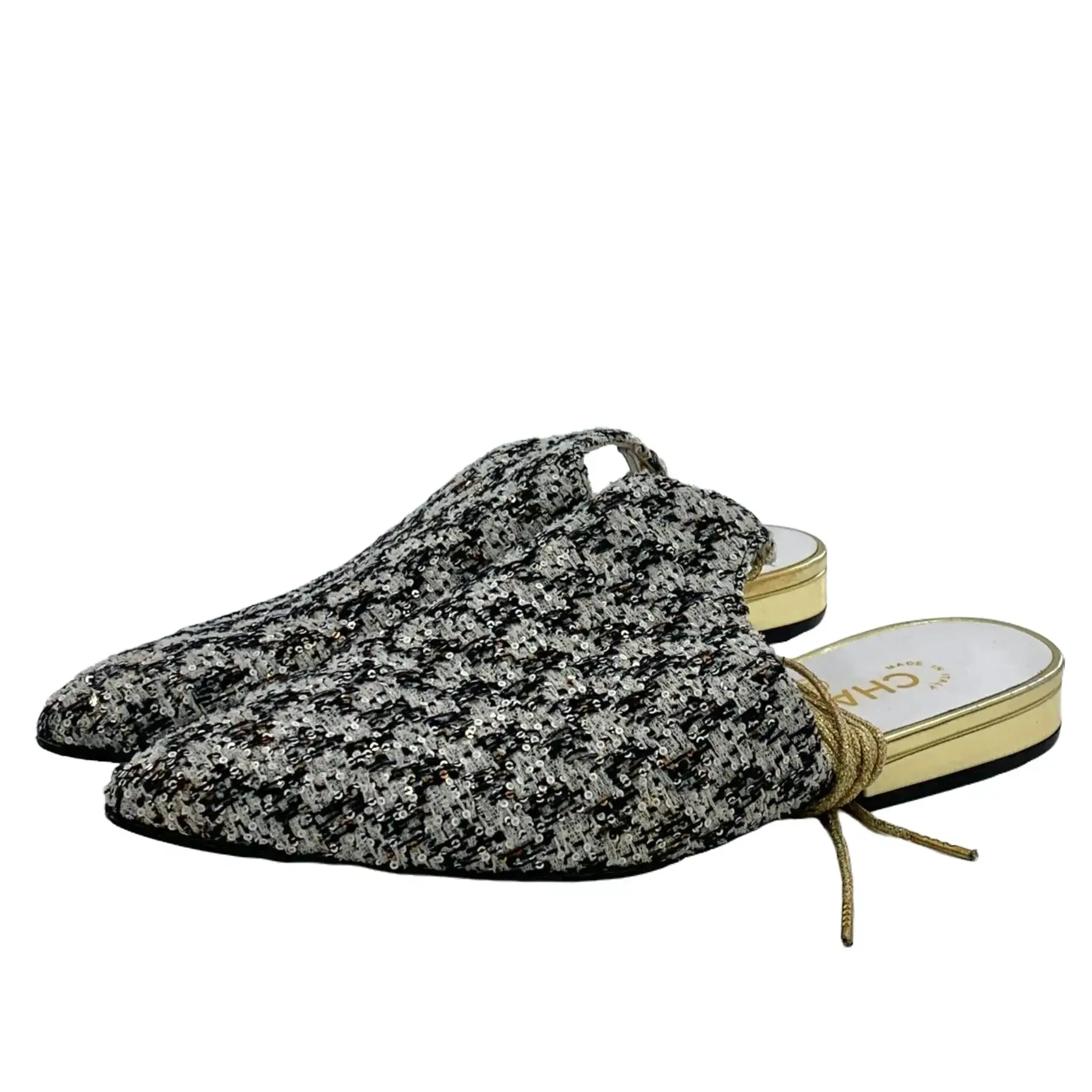 RDLT-Chanel Size 37.5 Black and White Color-block Sequin Woven Pointed Toe Strap Flat Mules-X36139