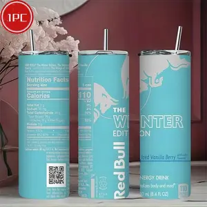 1pc 20oz Red Bull Winter Edition Stainless Steel Thermos Mug with Straw & Straw Cleaner, Double Wall Insulated for Coffee, Ideal for Outdoor, Office & Camping