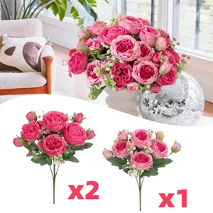 Artificial Peony Flowers Silk Peony Rose Real Touch Fake Flowers 3 Pieces Single Stem with 5 Heads Bouquet for Home Wedding Party Decoration (Rose Red+Pink) - Home Improvement. Decorative Fruit Plants Plastic Centerpiece