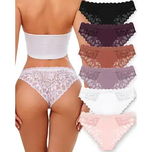 Sexy Underwear for Women Lace Cheeky Soft Hipster Low Rise Breathable Undies Cotton Bikini Panties 6 Pack
