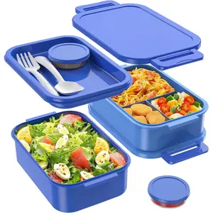 Adult Bento Lunch Box - 3 Layers Stackable Bento Lunch Box for Adults, 72oz Large All-in-One Bento Box Leak-Proof Lunch boxes with Utensil Sauce Containers, Ideal for Dining Out,Work, Blue
