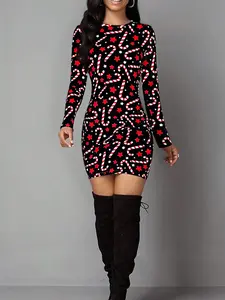 Women's Candy Cane Star Print Christmas Long Sleeve Dress, Elastic Polyester Blend, Casual Mini Bodycon for Daily & Festive Occasions, Perfect Holiday & Christmas Gift, Casual Dresses