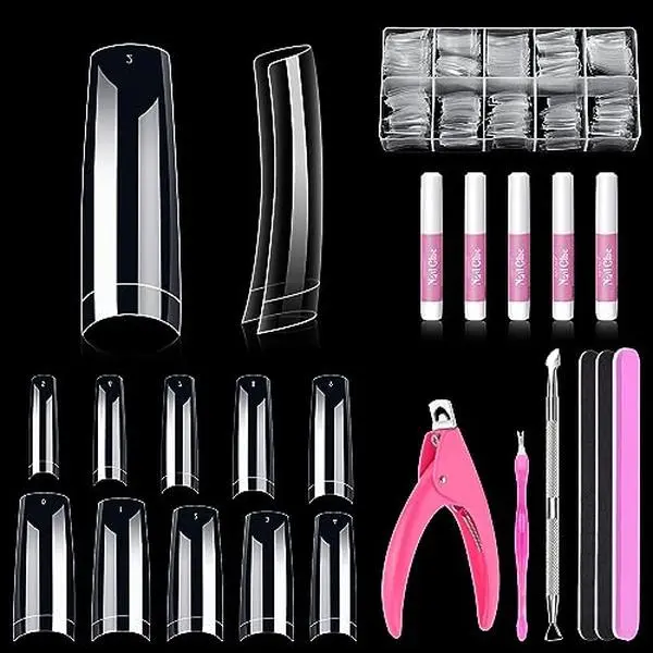 MORGLES Clear Acrylic Nail Tips 500pcs Square Half Cover for Beginners | ABS Plastic, with Glue, Clipper, Files, Cuticle Tool, 10 Sizes 0–9, Works with Dip Powder, Gel Polish, for DIY, Home Use