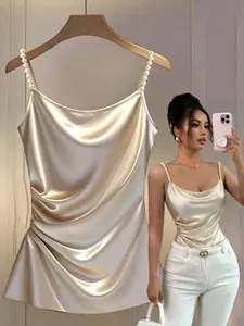 New Arrival European Style Champagne Color Sexy Pure Desire Fashion Strappy Slimming Ruched Backless Shoulder Strap Beaded Top Outerwear Ladies Tank Top