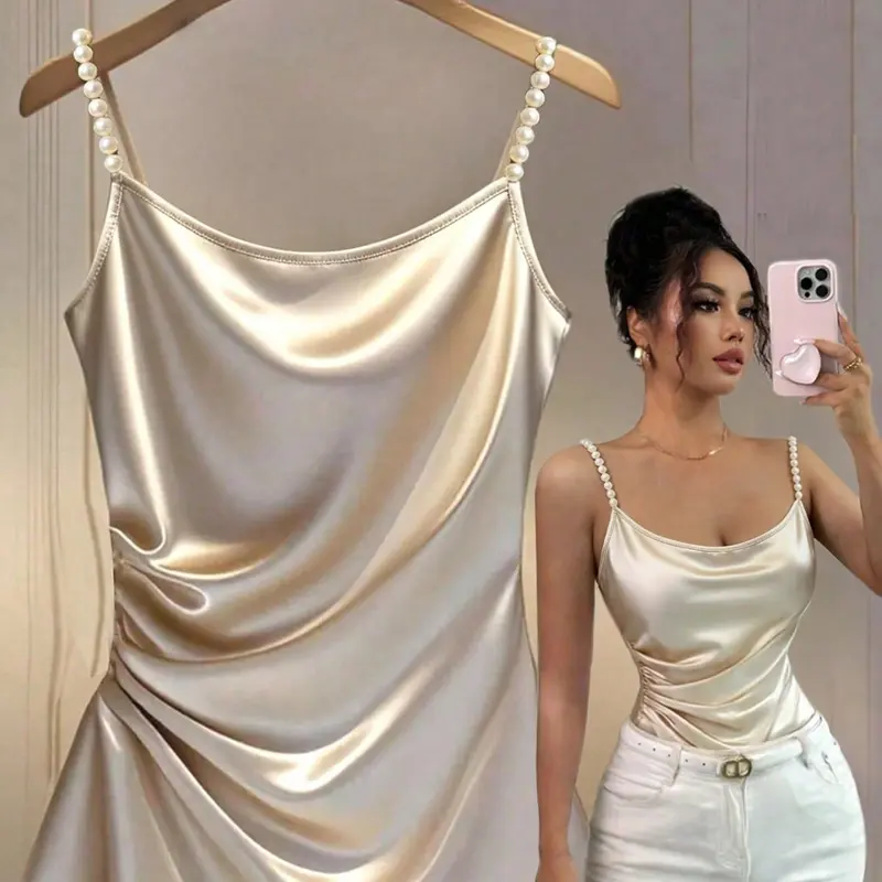 New Women's European Style Champagne Beaded Strap Tank Top, Slimming Ruched Sexy Top